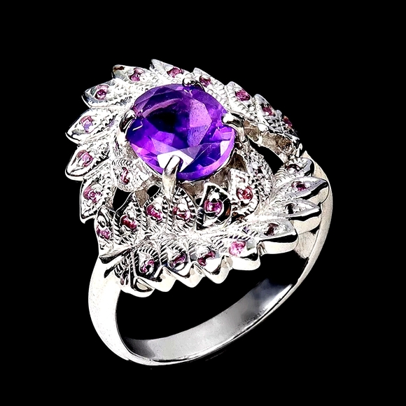 925 Sterling Silver Ring Sz 7.5 with Natural Amethyst 9x7mm & Rhodolite Garnet - Picture 2 of 3